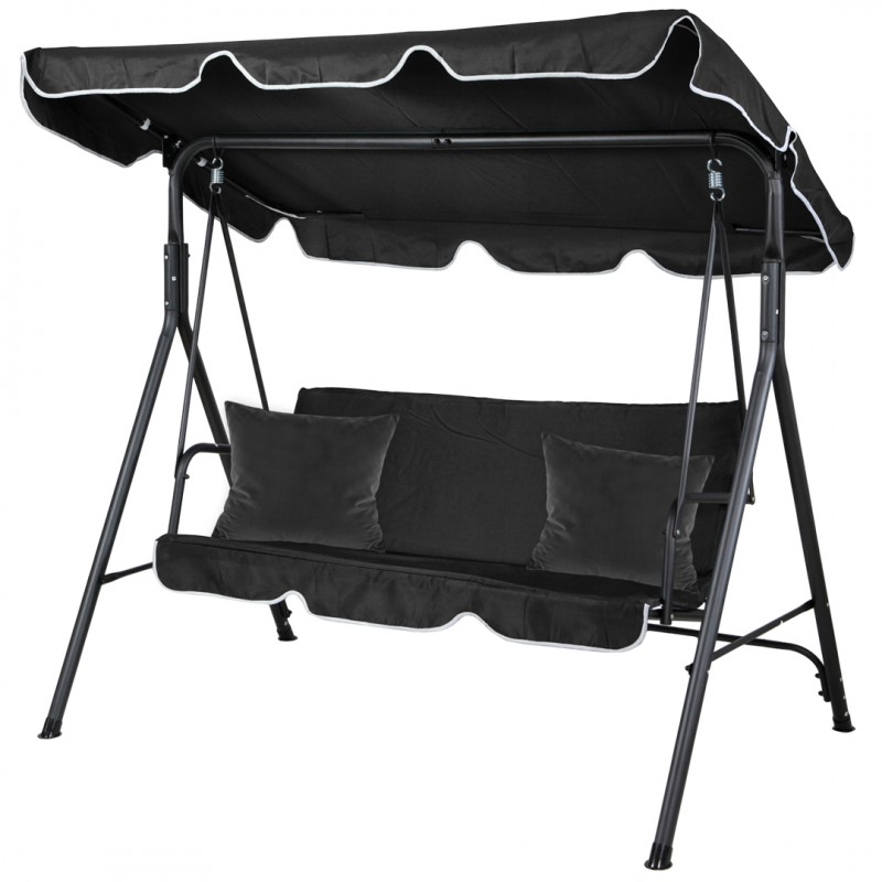 Huśtawka ogrodowa 3-osobowa z baldachimem i 2 poduszkami, czarna HO01CZ - obrazek 3