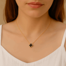 Naszyjnik stal szlachetna pozłacana 14k złotem, czarna koniczynka NST2205