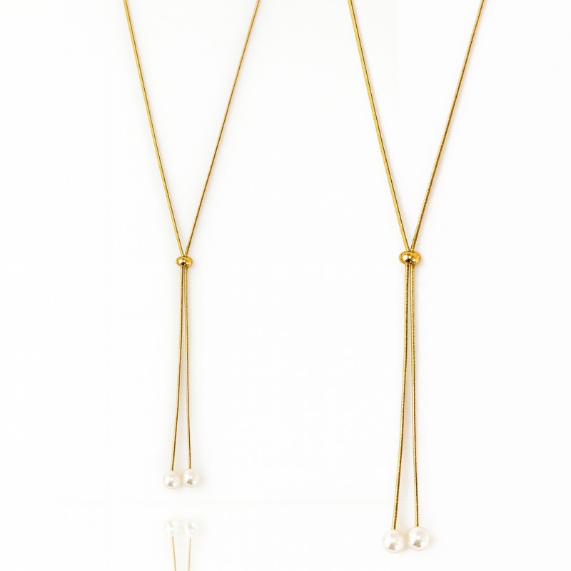 Naszyjnik stal szlachetna pozłacana 14k złotem, długi, regulowany perły NST2209