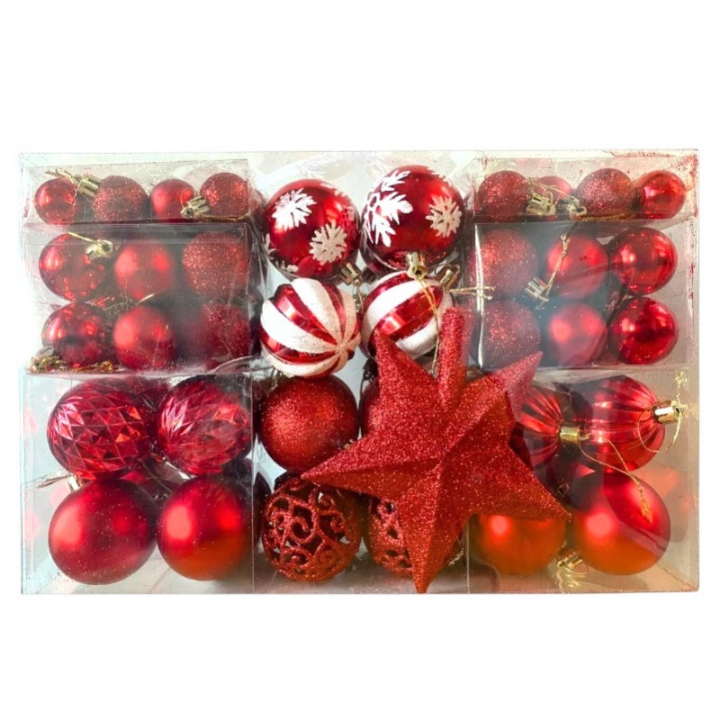 Komplet bombek bożonarodzeniowych 100szt. + gwiazda choinkowa, czerwono białe BSN66 - obrazek 5