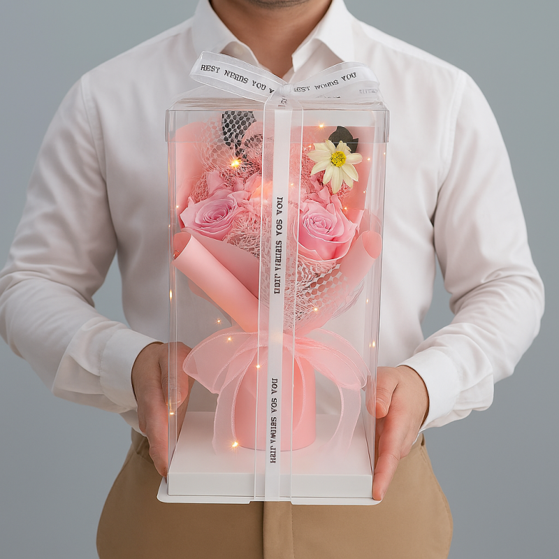 Bukiet zapachowych kwiatów mydlanych w pudełku na prezent, świecące LED BUK19 - obrazek 2