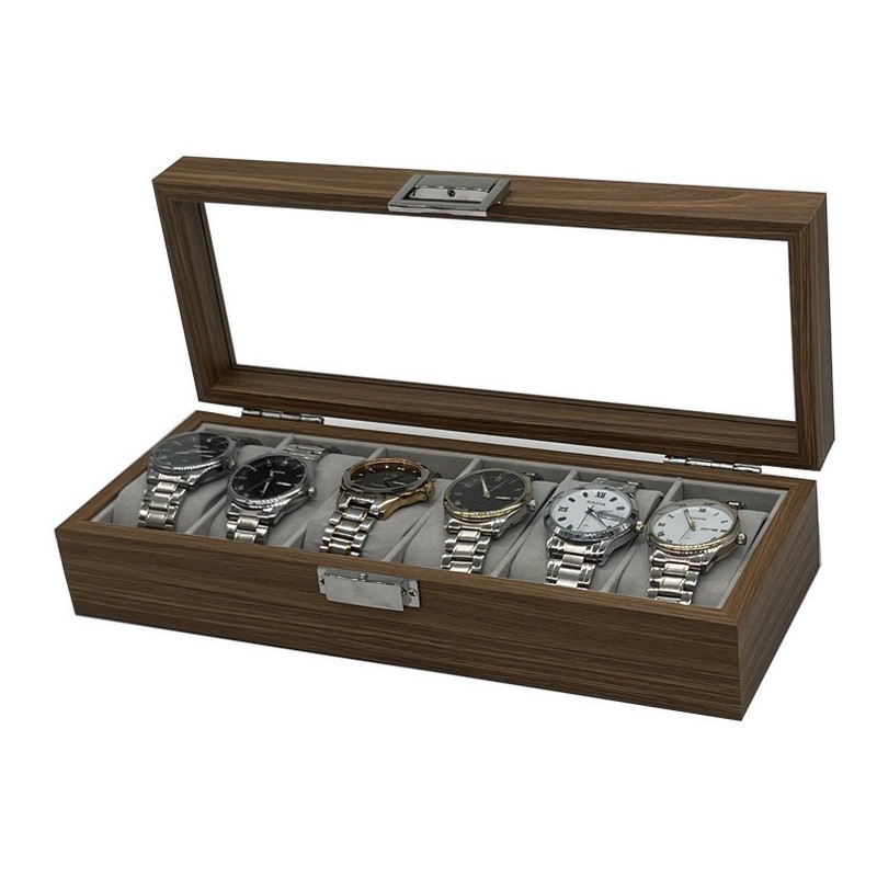 Szkatułka na 6 zegarków, etui, organizer zamykany ze szkłem 31x12x7,5cm PDMDF04 - obrazek 2