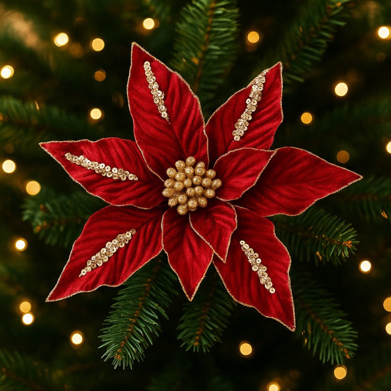 Kwiat na choinkę BOŻE NARODZENIE XXL 26 cm brokat i cekiny, bordowy WOZ47 - obrazek 2