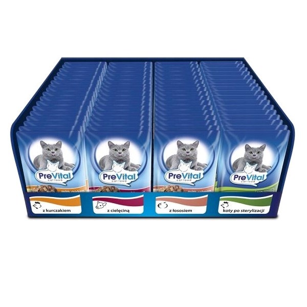 PREVITAL -Karma dla kotów sterylizovanych - 4 smaki - kurczak, cielęcina, łosoś, drób - Pełnoporcjowa karma dla dorosłych kotów -96x100g - obrazek 3